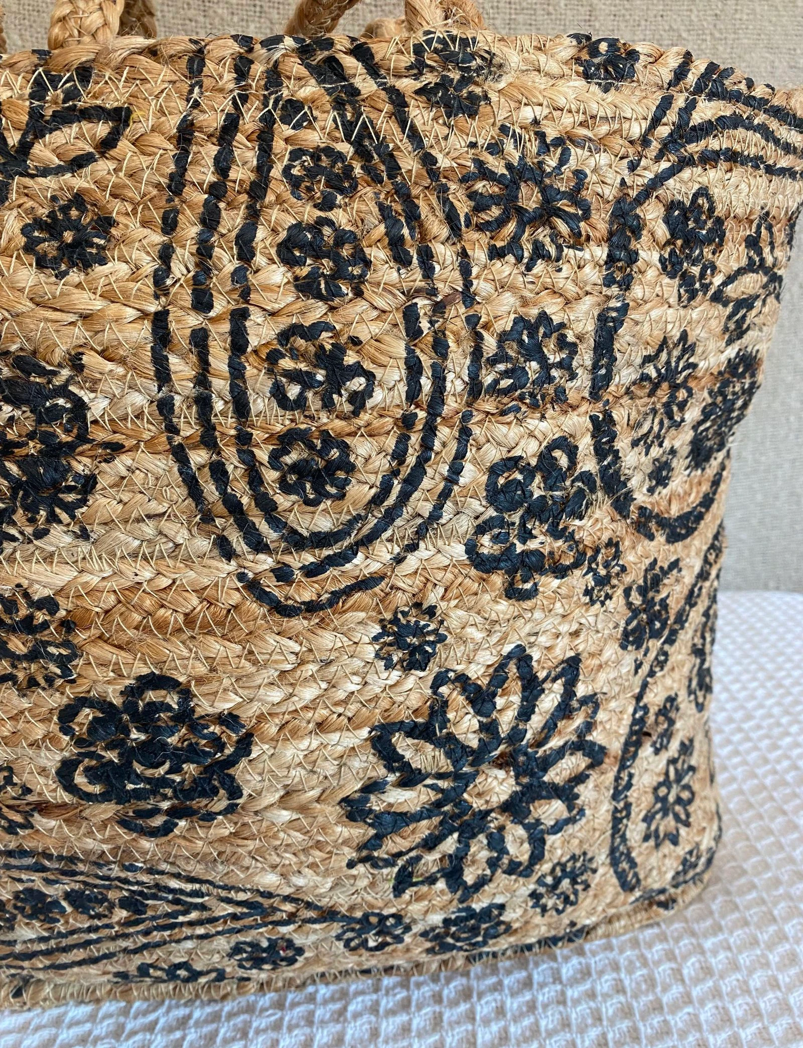 Grote jute tote tas met zwarte bloemen – photo 3